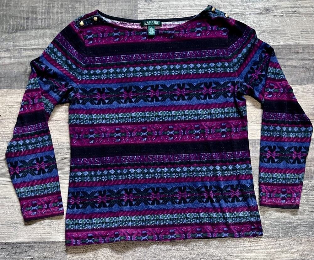 Lauren Ralph Lauren XL Cotton Knit Top Purple Fair Isle Gold Button Boho Retro